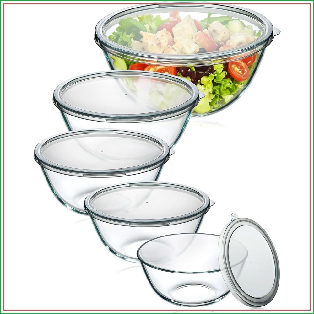 Kitchen Glass Baking Set - Kapaklı Cam Karıştırma Kaseleri 5'li Set,