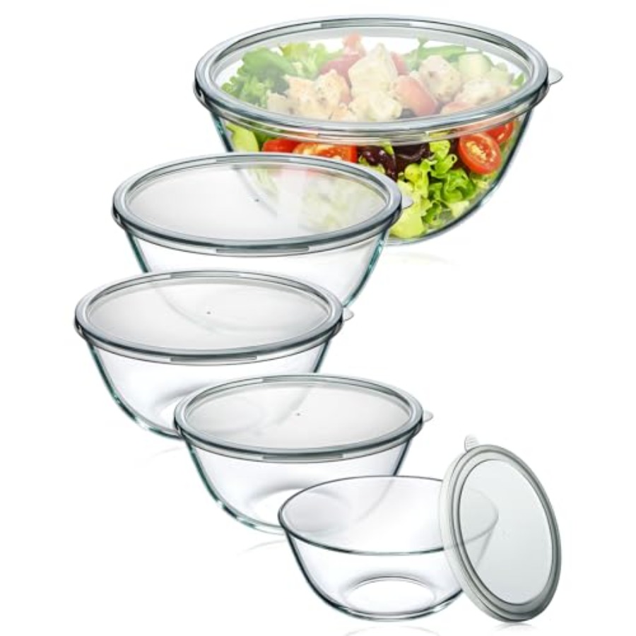 Kitchen Glass Baking Set - Kapaklı Cam Karıştırma Kaseleri 5'li Set